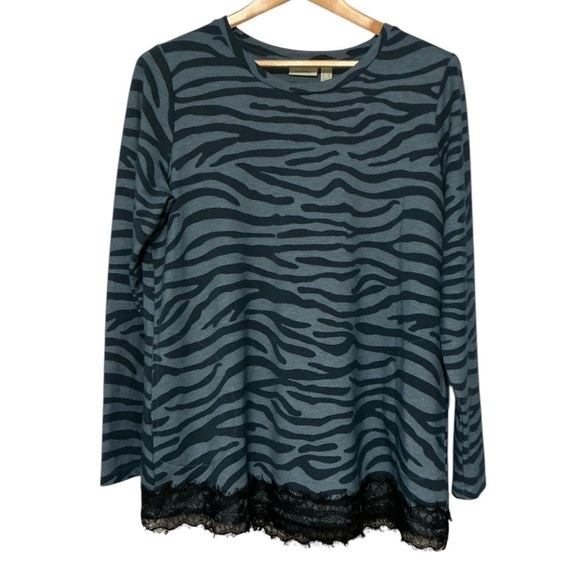 LOGO QVC Lounge by Lori Goldstein French Terry Zebra Top with Lace Hem - Picture 1 of 9